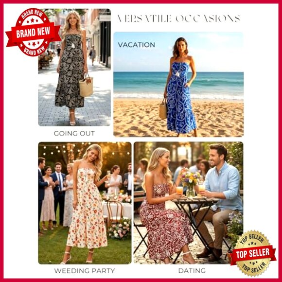 Strapless Floral Maxi Dress Boho Smocked Back Tiered A-Line with Pockets - Picture 5 of 7